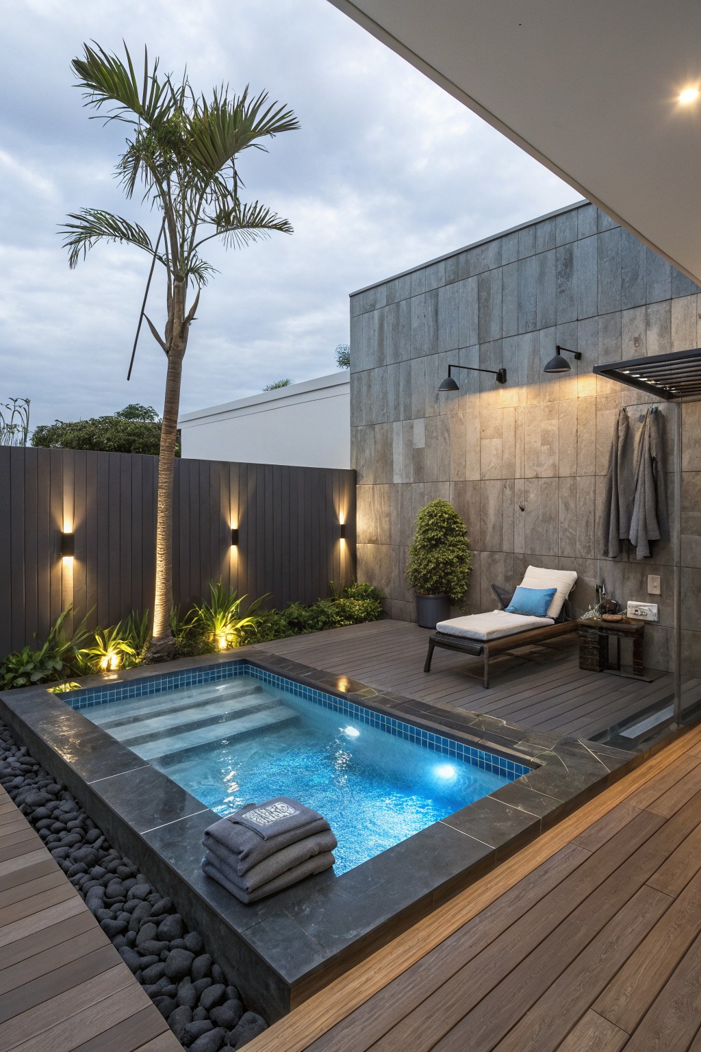 A small backyard with a rectangular pool, wooden deck, lounge chair, and wall-mounted lights on a dark fence and stone wall.