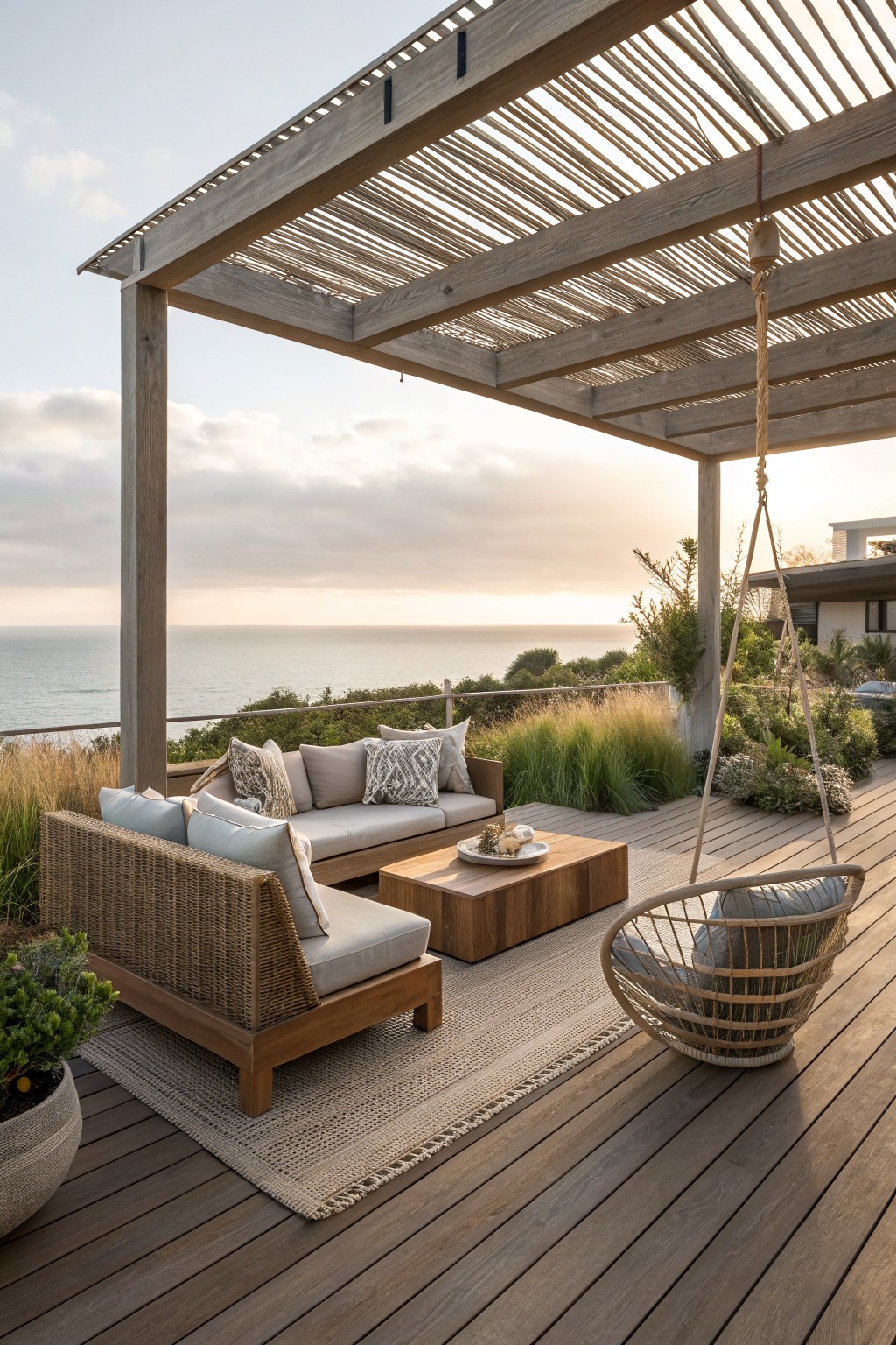 A wooden deck with a slatted pergola overhead, featuring a sofa, armchair, hanging chair, coffee table, and rug overlooking the ocean.