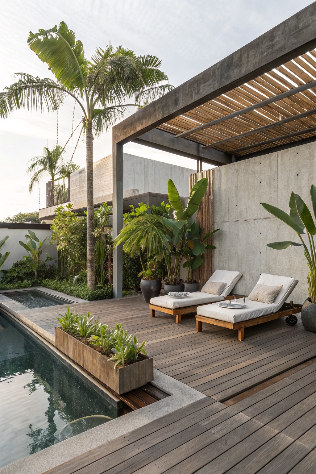 An outdoor deck with two lounge chairs under a wooden slatted pergola beside a pool, surrounded by potted plants and built-in planters.