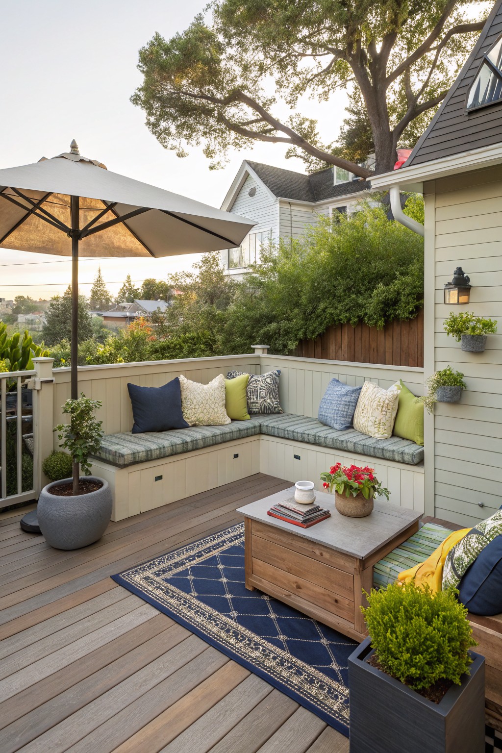 A wooden deck features L-shaped built-in bench seating with cushions and pillows, a large beige patio umbrella, a wooden coffee table on a blue patterned rug, and multiple potted plants.