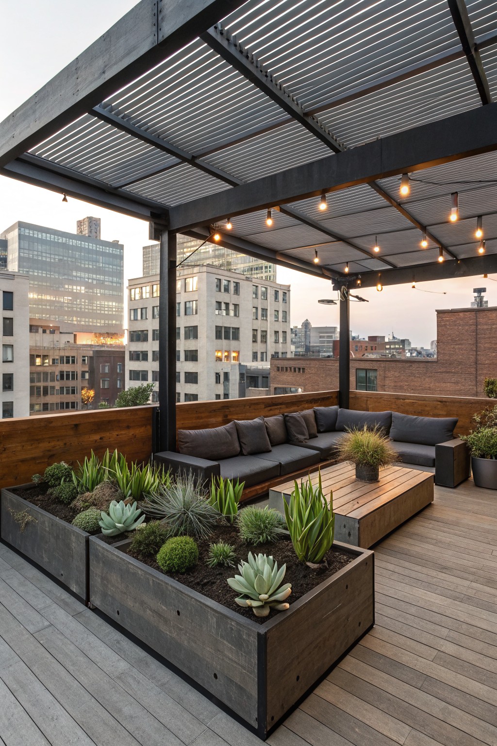 A rooftop deck with dark sectional seating under a slatted pergola, bordered by large rectangular planters filled with succulents and grasses.