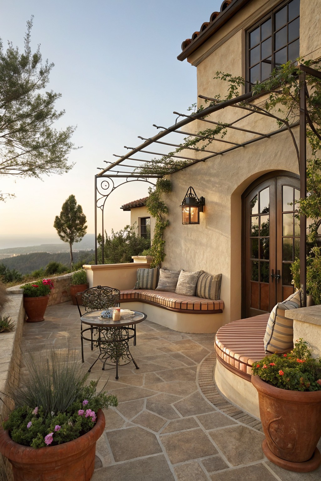 A stone patio with curved built-in bench seating, a round metal table, large terracotta planters, and a metal pergola with climbing vines beside a stucco house.