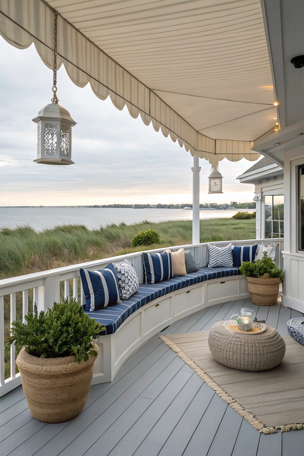 Curved built-in white bench with blue and white striped cushions along a gray wooden deck, with woven planters, hanging lanterns, and a striped awning overhead overlooking water.