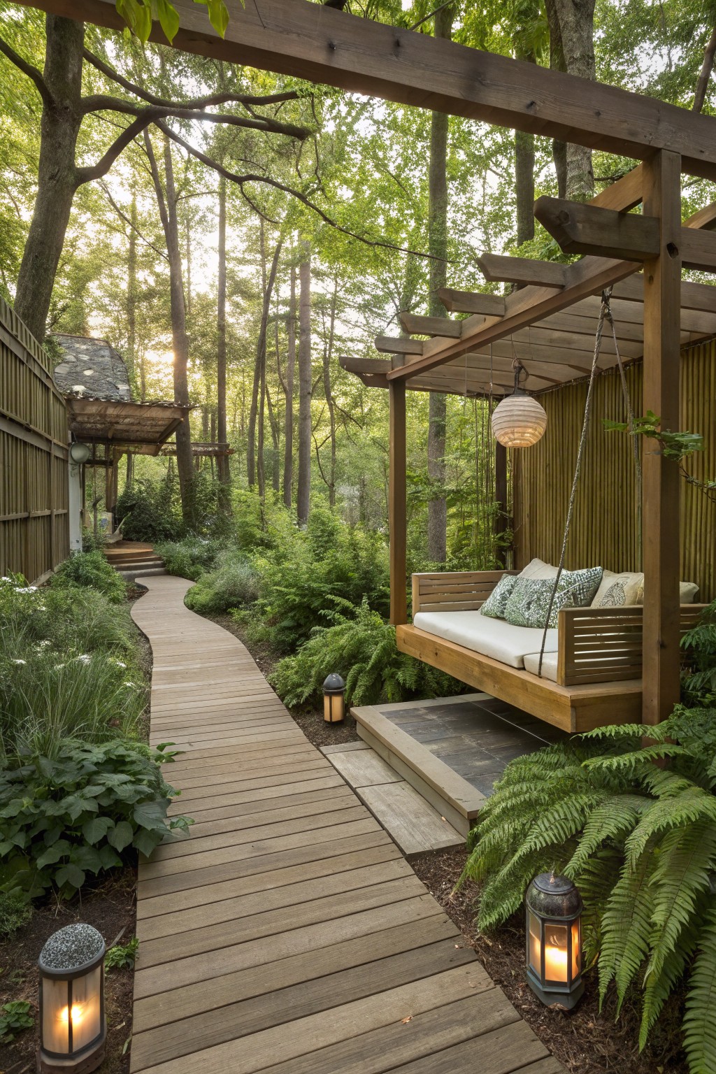 A wooden pergola with a suspended bench swing, cushions, and lanterns next to a curving wooden path through a forest.