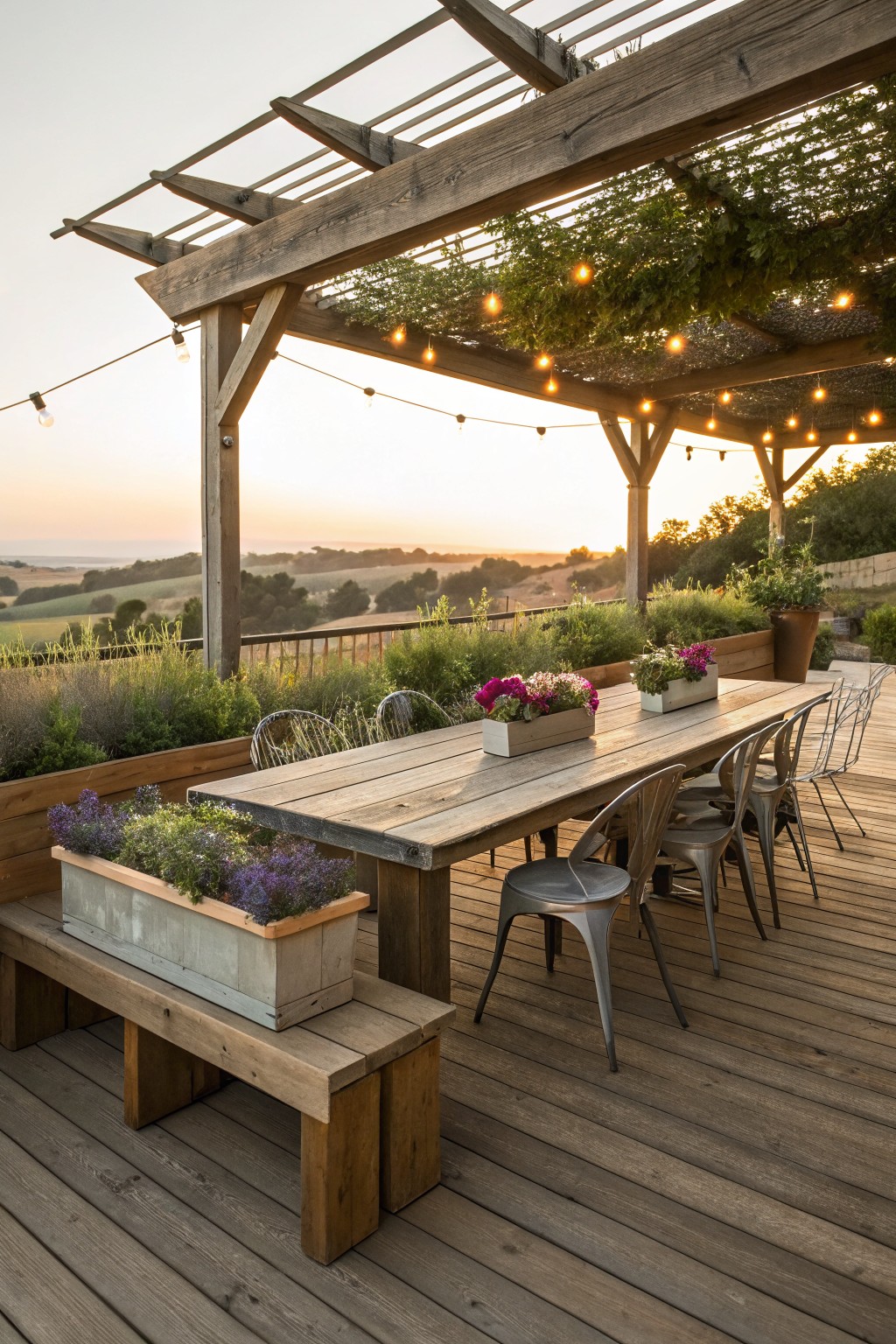 A wooden deck dining area under a large pergola with string lights, a long wooden table, metal chairs, and built-in planters with flowers.