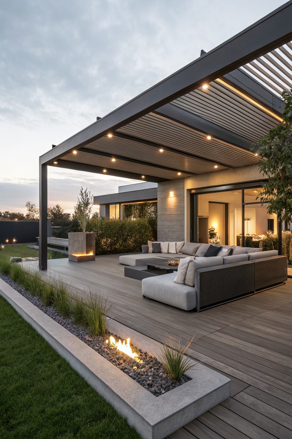 A modern outdoor deck with a large sectional sofa under a dark louvered pergola with lights, a concrete fire pit planter in the foreground, and sliding glass doors to the house.