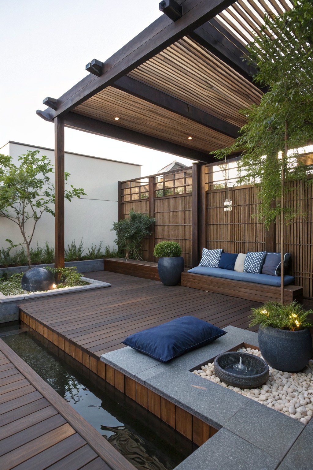 A wooden deck under a dark slatted pergola features a built-in bench with blue cushions, large gray planters, and a narrow water channel along one edge.