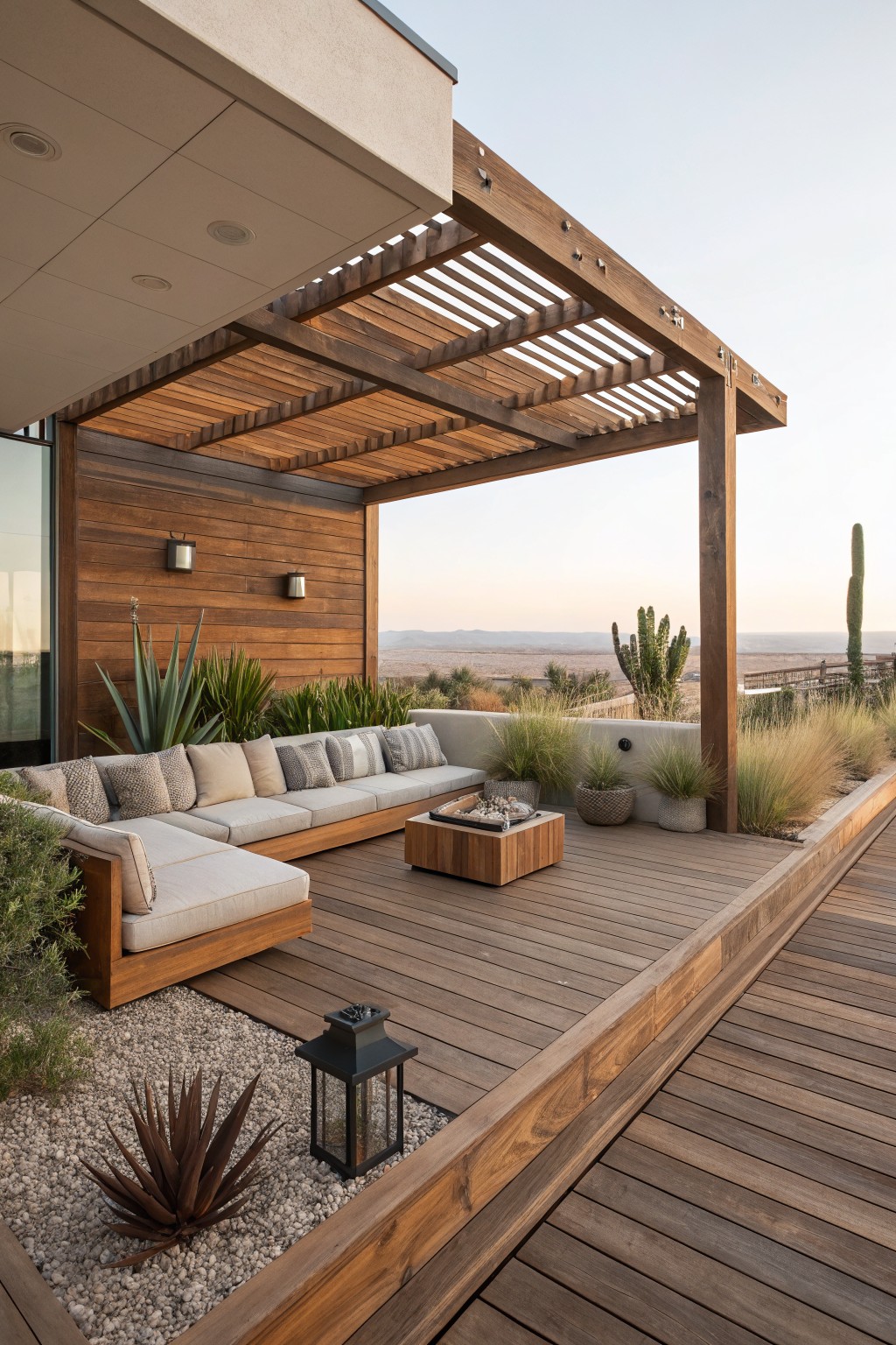 Wooden deck with a pergola overhead, L-shaped sectional seating, a fire pit table, potted plants, and gravel landscaping with desert views.