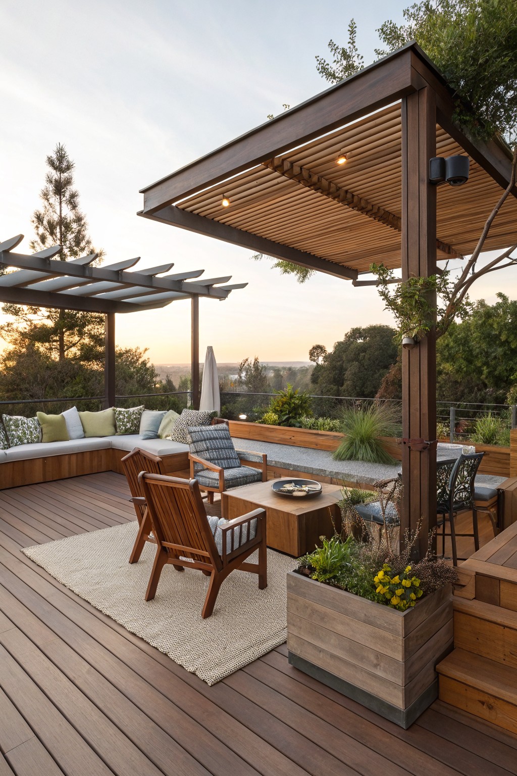 Wooden deck with a dark pergola, slatted roof, seating area on a rug, and large planter boxes with yellow flowers.