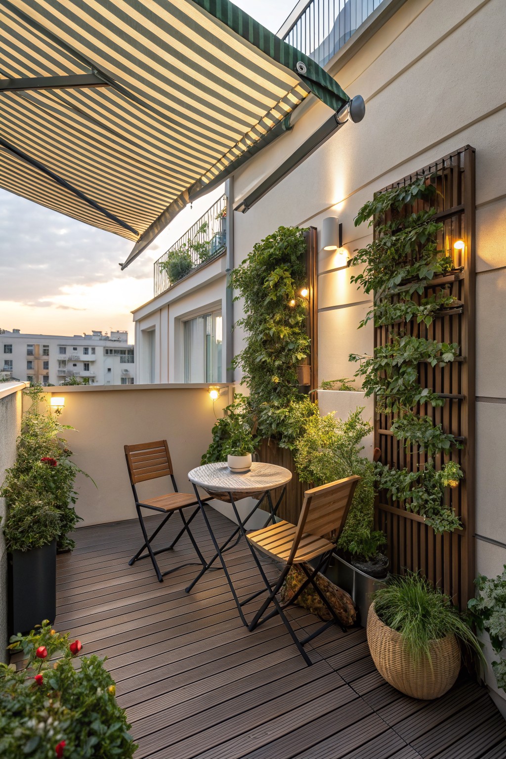 A wooden deck with a green and white striped retractable awning extended overhead, a round table with two folding chairs, and multiple potted plants along the walls.