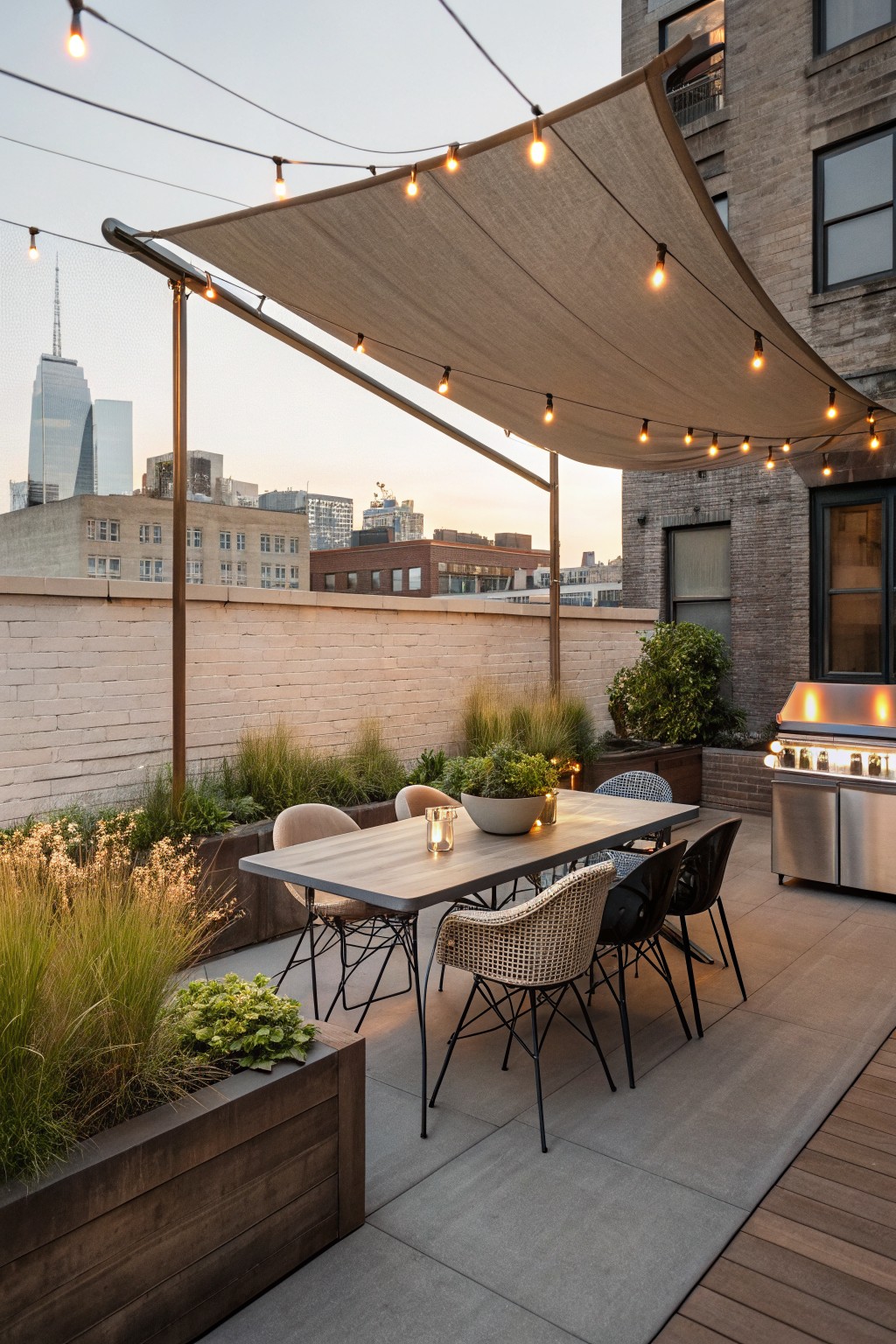 A rooftop deck dining area with a large beige shade sail stretched over a long table, string lights attached along the edges, mixed chairs around the table, and built-in planters with greenery along the perimeter.
