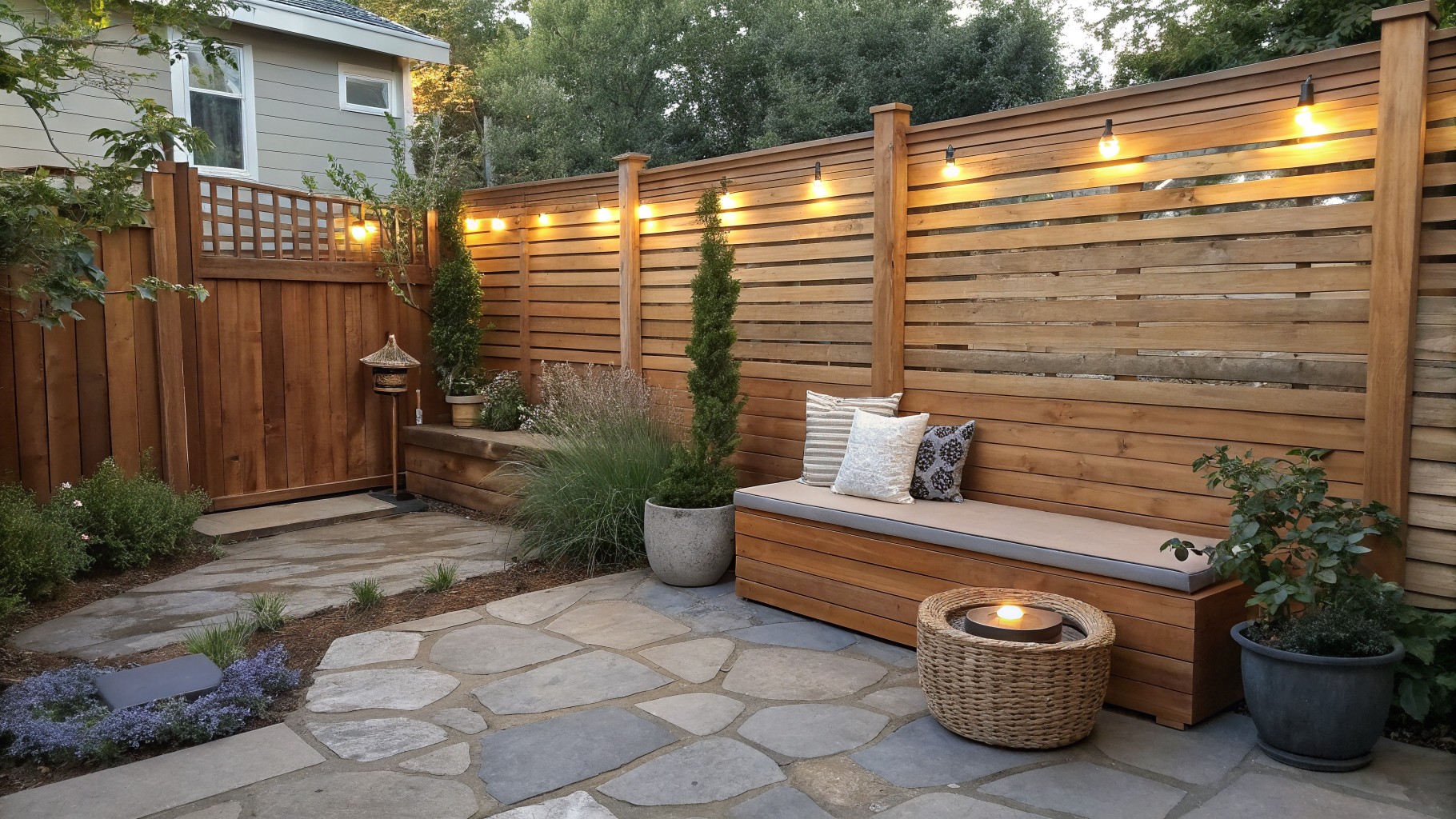 A backyard patio featuring a horizontal wooden privacy fence with a built-in bench holding pillows, string lights along the top, and large potted plants on stone pavers.