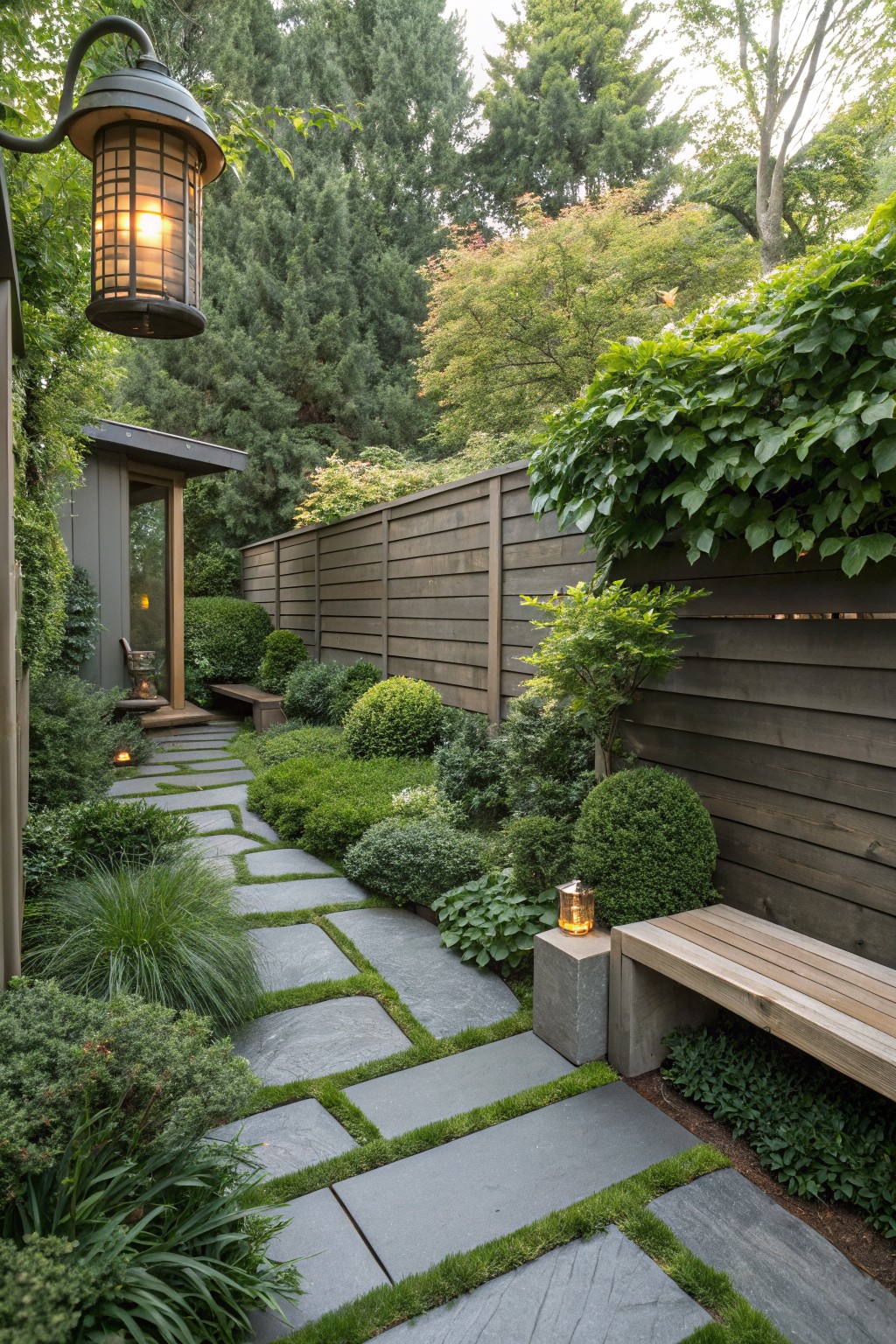 A stone path runs beside a tall horizontal wood fence lined with dense shrubs and climbing vines in a garden setting.