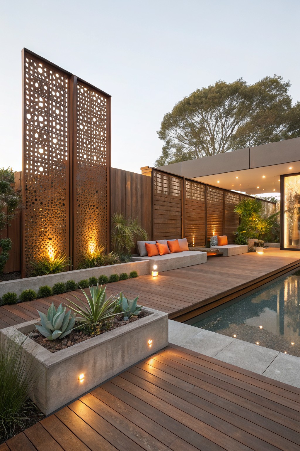 A modern backyard deck with a pool features tall decorative metal privacy screens with circular cutouts, lit from behind, next to built-in seating and plants.