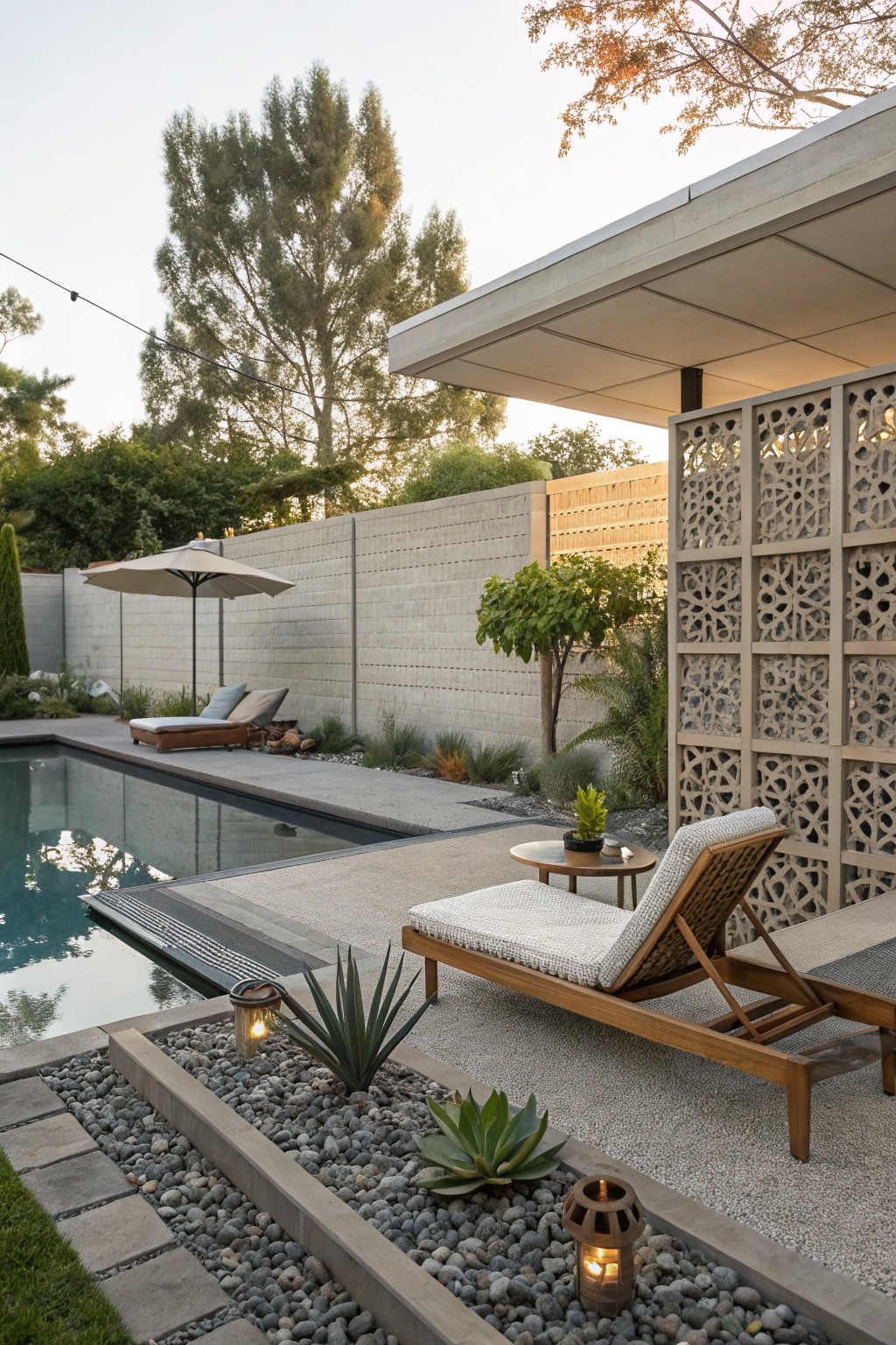 A backyard pool area with wooden lounge chairs on gravel, a decorative concrete screen wall with cutout patterns, and surrounding plants and trees.