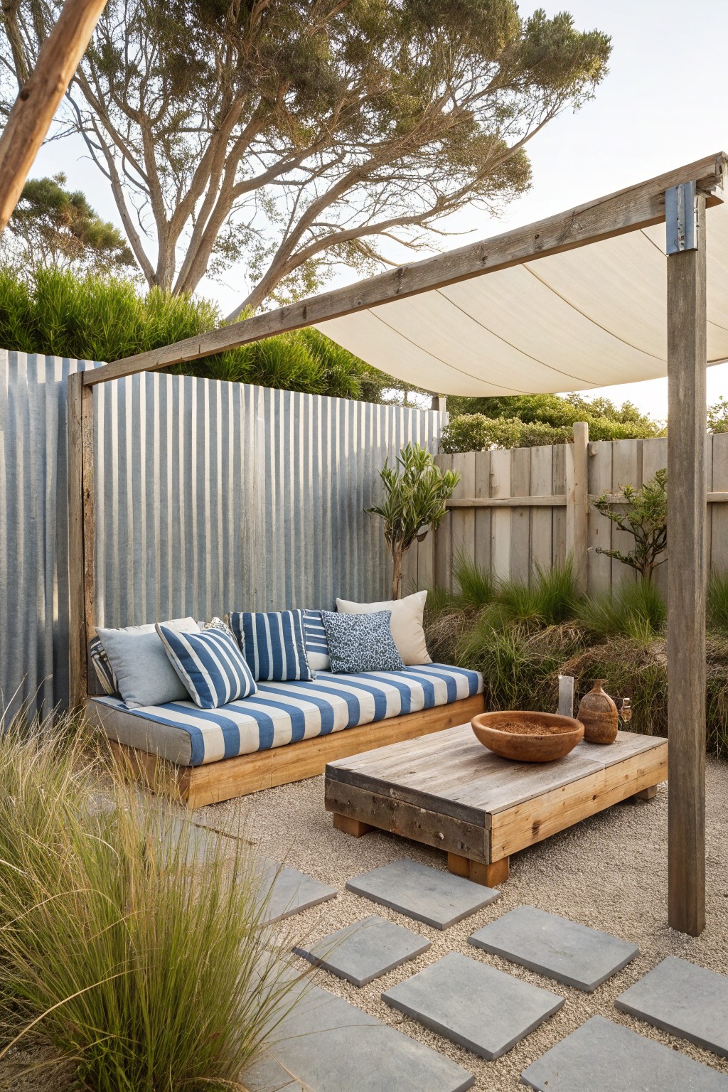 An outdoor seating area with a wooden daybed and striped cushions backed by a corrugated metal fence and topped by a wooden pergola with a white shade sail.