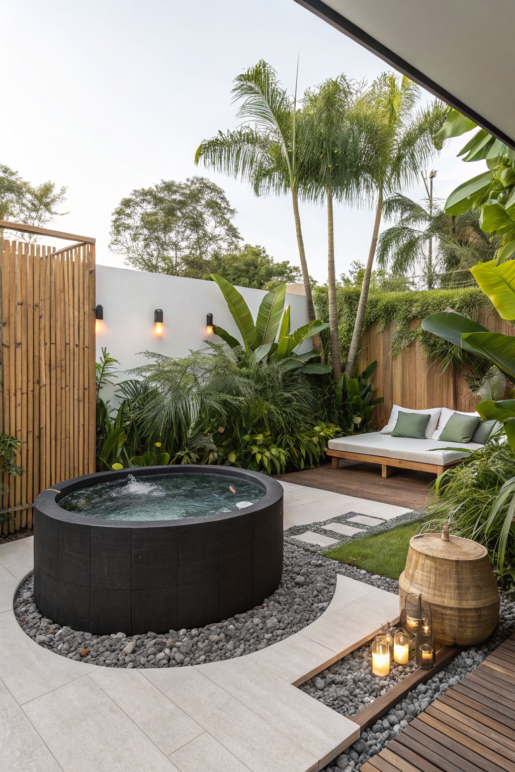 A round dark hot tub sits in a gravel bed beside a wooden daybed, with dense green plants and trees filling the small backyard.