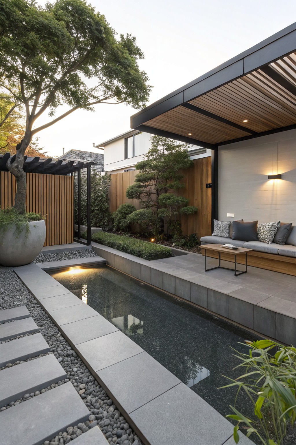 A narrow rectangular water feature runs alongside a paved patio with built-in seating under a covered structure, bordered by stone and gravel paths in a compact backyard.