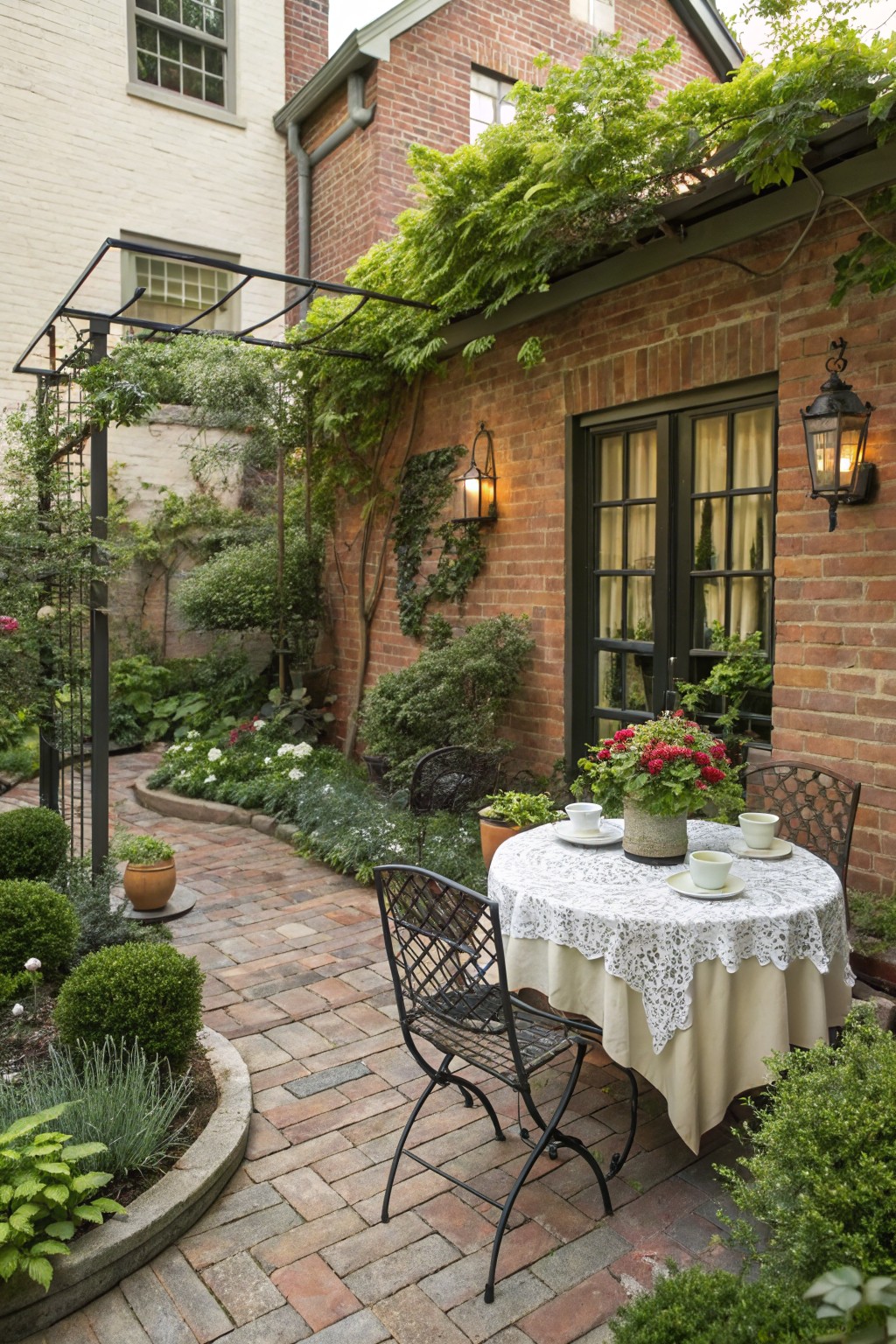 A brick patio beside a house with climbing vines holds a round table covered by a white lace cloth and set with teacups, surrounded by black metal chairs.