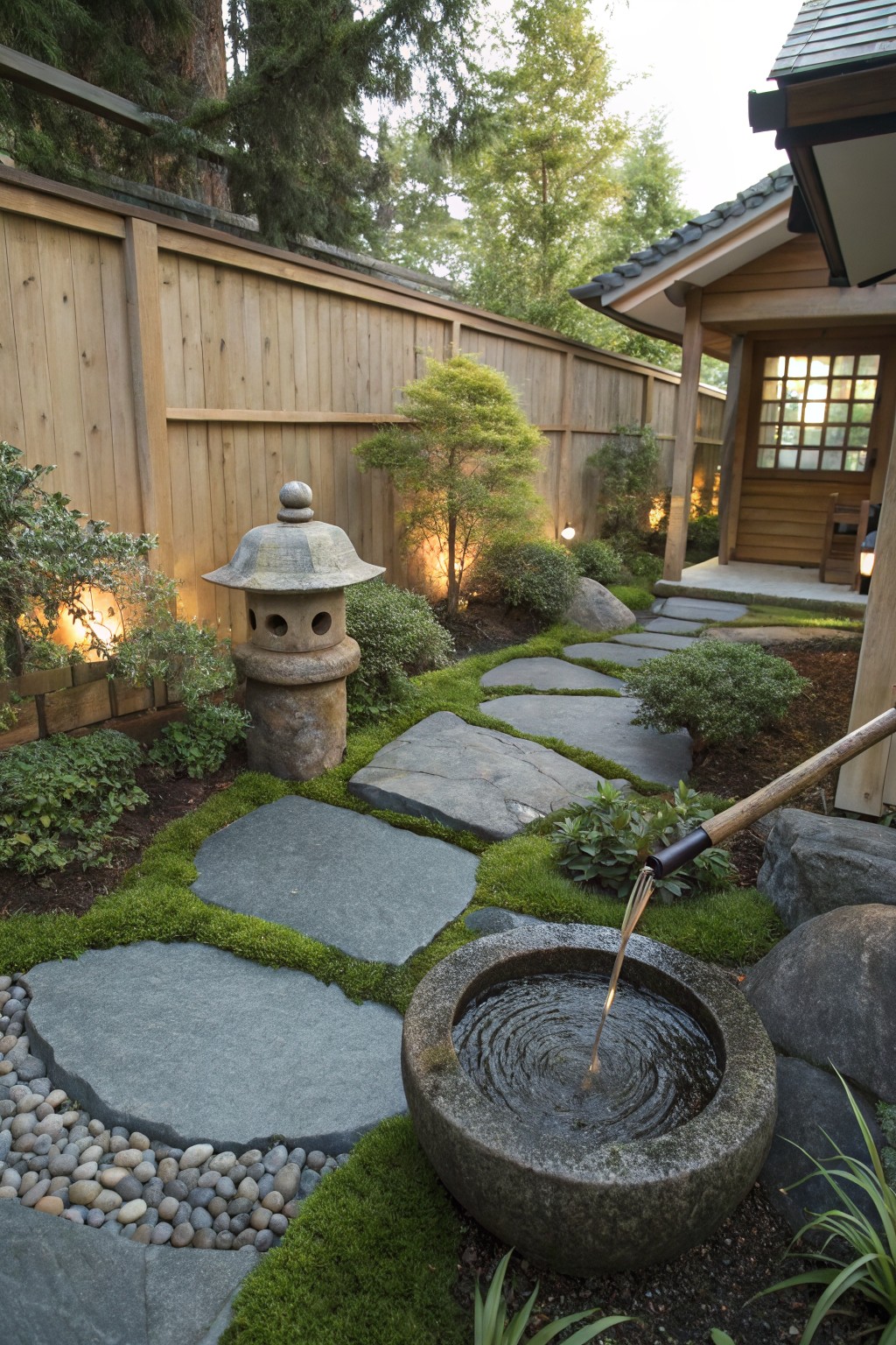 Japanese garden with stone lantern, moss path, and flowing water basin.
