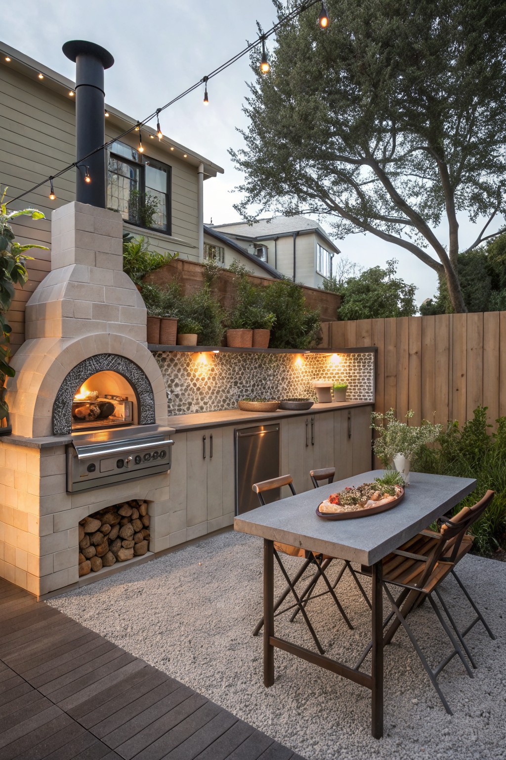 A backyard outdoor kitchen with a stone pizza oven, stainless grill, gray cabinets, and a concrete dining table arranged on gravel beside a wooden deck.