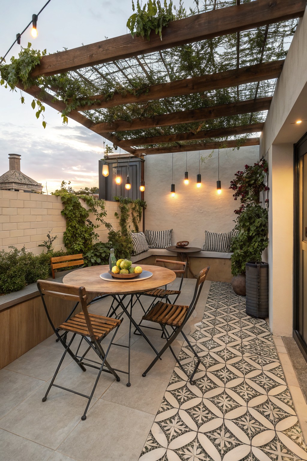 A small backyard patio with a wooden pergola, round dining table, folding chairs, built-in bench with striped cushions, and hanging pendant lights.
