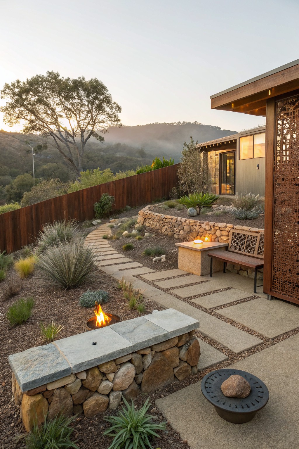 A small backyard featuring a stone-bordered fire pit, concrete paver paths, and a modern house with a bench and raised stone terrace.