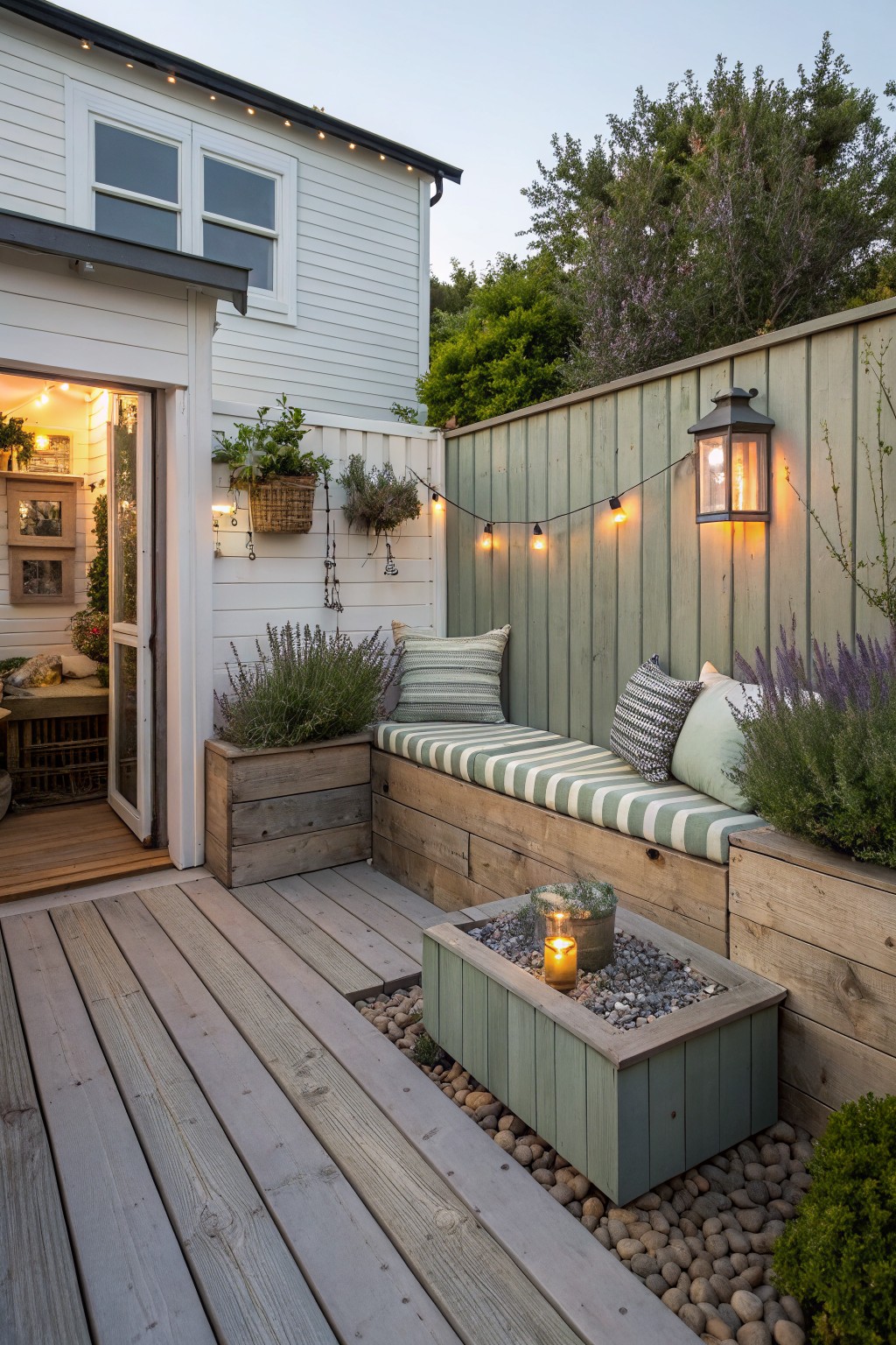 A compact backyard deck with built-in wooden bench seating along a green fence, striped cushions, string lights, a central planter box with candles, and an open door to a white house.