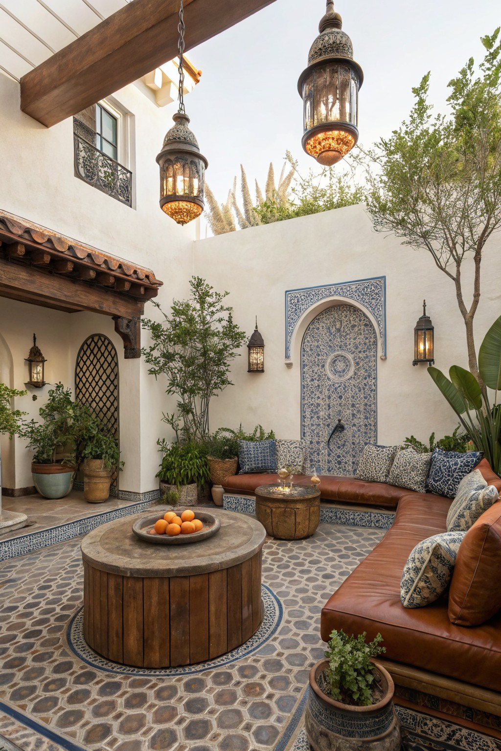 A compact courtyard patio featuring a round wooden fire pit with a bowl of oranges, an L-shaped brown leather sofa with patterned pillows, hanging metal lanterns, potted plants, and a blue tiled fountain on the back wall.