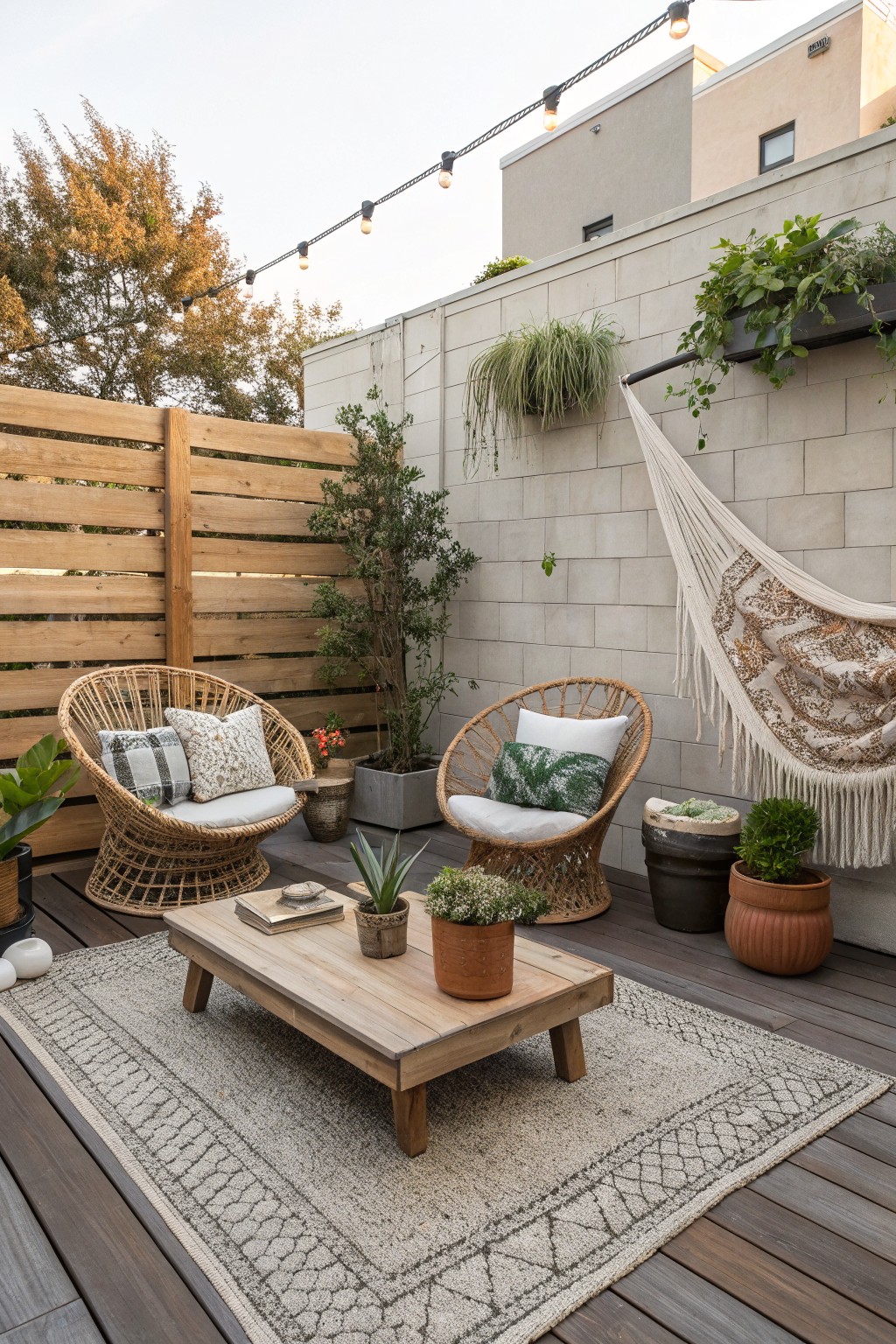 A small deck patio with two woven chairs, a low wooden coffee table on a large patterned rug, potted plants, and a hammock strung along a concrete wall.