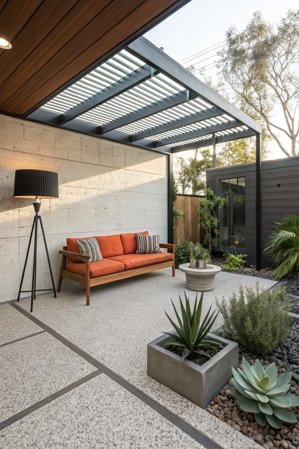 A modern outdoor patio shows an orange-cushioned sofa under a dark slatted pergola attached to a concrete wall, with gravel ground, concrete planters, and surrounding plants.