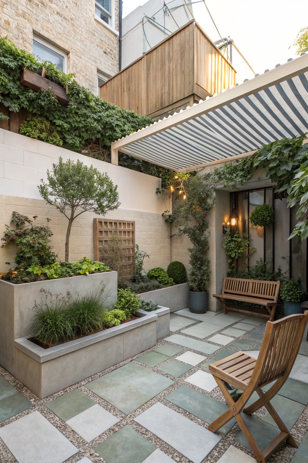 A compact paved courtyard features raised concrete planters with trees and shrubs, wooden benches, and a striped awning overhead.