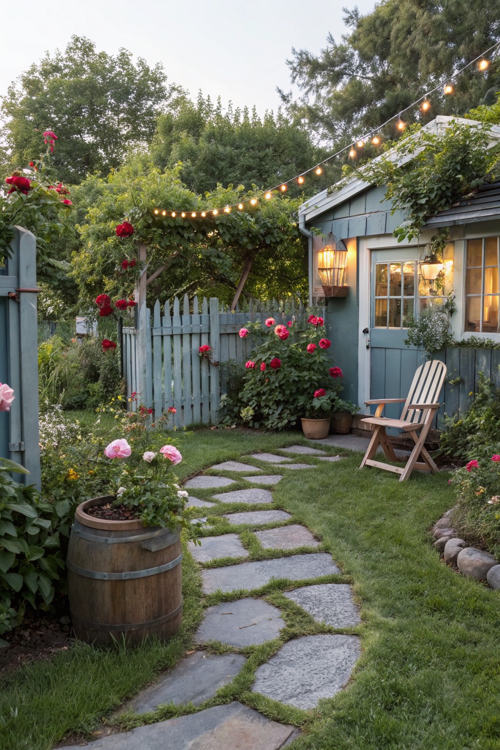 Stone pathway winds through garden to wooden chair by blue cottage with string lights.