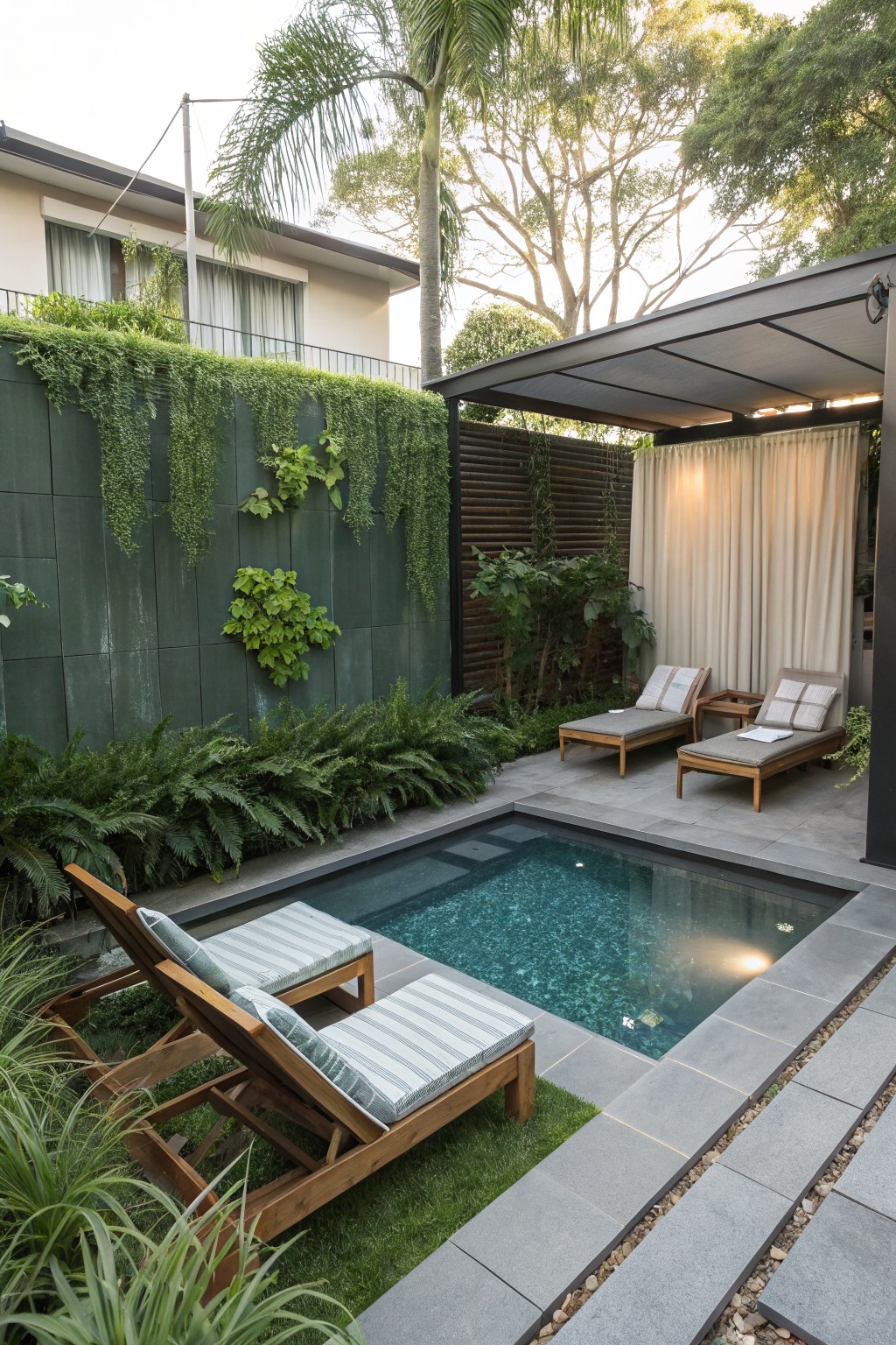 A compact backyard pool with wooden lounge chairs arranged on a stone patio, one pair under a dark metal shade structure with beige curtains, and green plants along the walls.