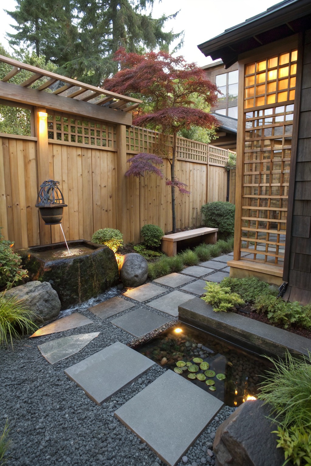 A compact backyard garden with gray stepping stones set in gravel, a stone water basin, a narrow pond with lily pads, wooden fencing, and mixed trees and shrubs.