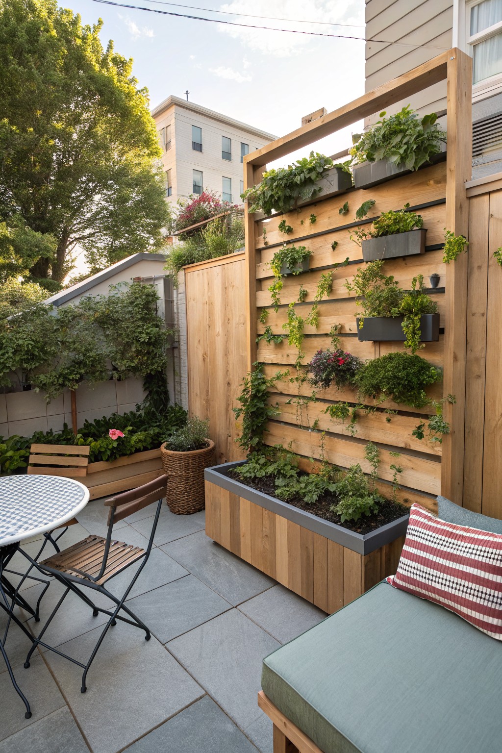 A compact paved patio featuring a wooden vertical garden wall with multiple gray planters, a round table with two chairs, and a cushioned bench in the foreground.