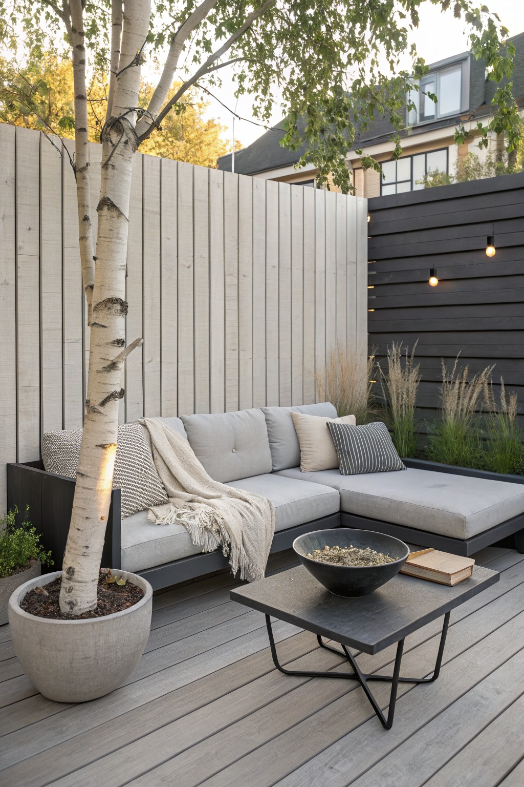 A compact backyard deck with an L-shaped gray sectional sofa, a large potted birch tree beside it, a dark coffee table, and string lights along a wooden fence.