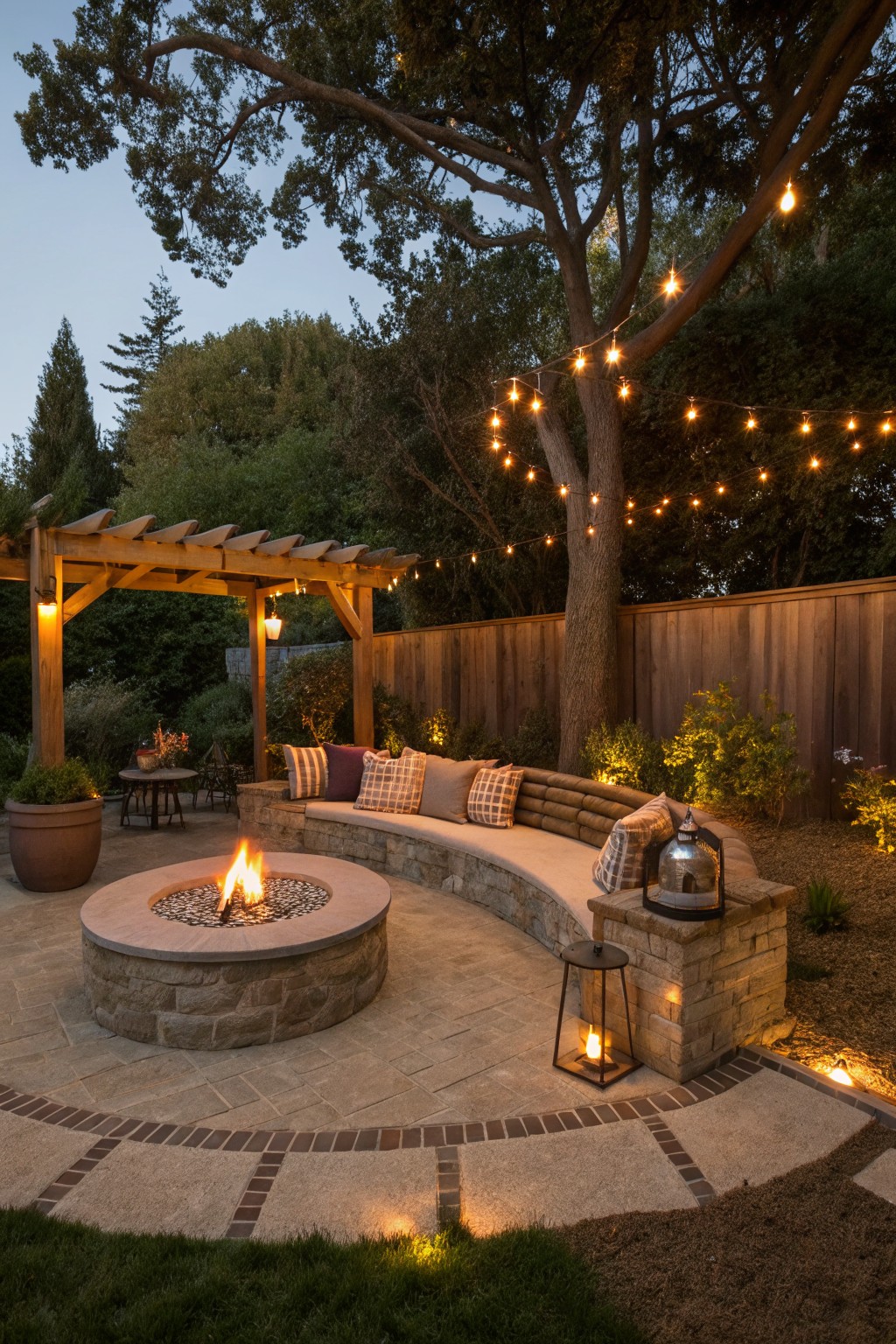 Cozy stone fire pit with curved cushioned bench, string lights, and pergola at dusk.