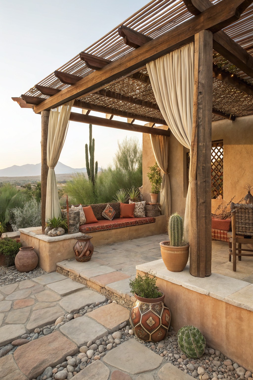 A wooden pergola with hanging beige curtains, built-in cushioned bench, and potted cacti on a stone patio overlooking desert hills.