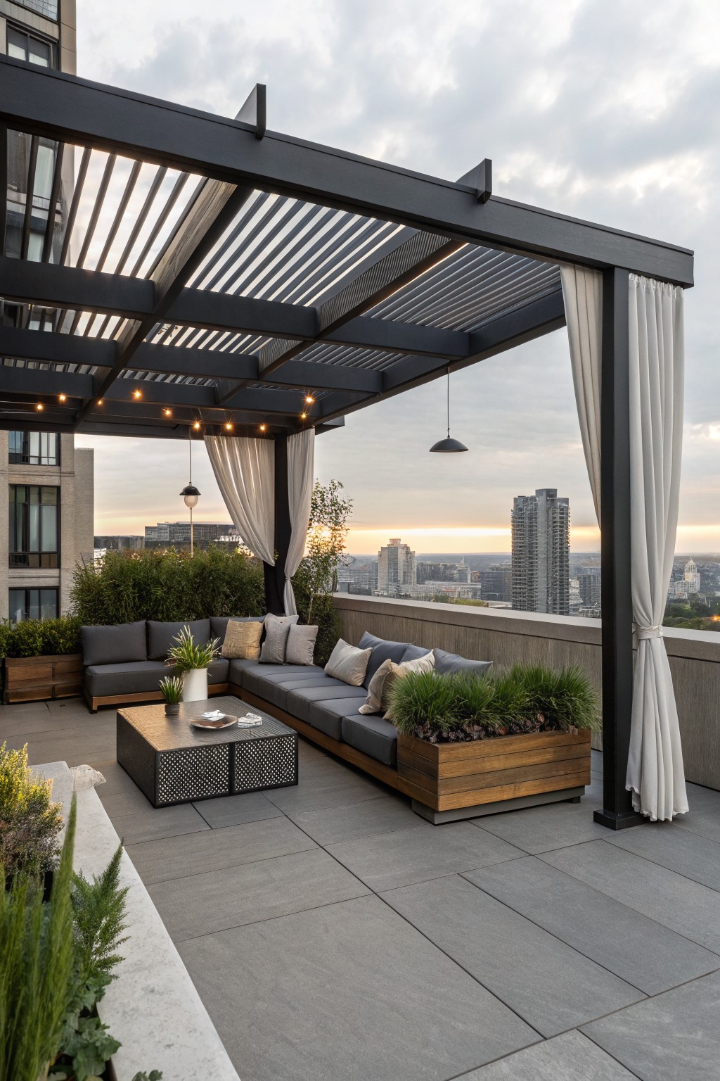A rooftop pergola with a dark metal frame, gray sectional seating, wooden planters, and white curtains tied to the posts overlooking a city skyline.