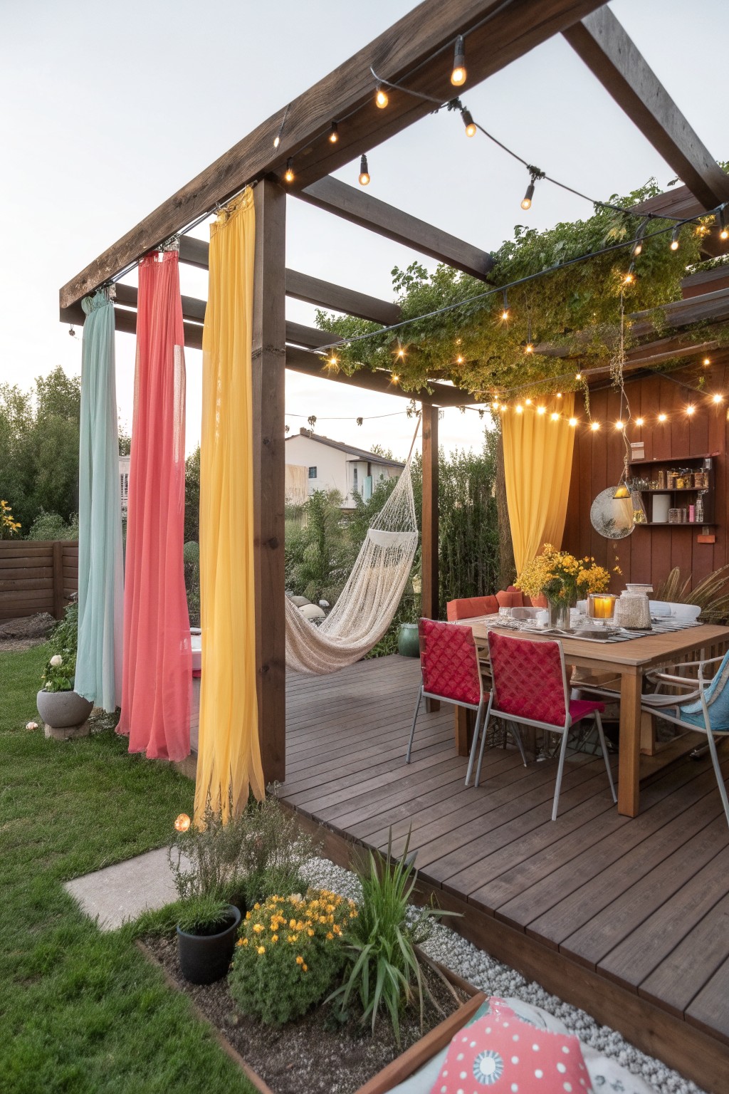 Wooden pergola on a deck with colorful fabric curtains, string lights, a hammock, and an outdoor dining area.