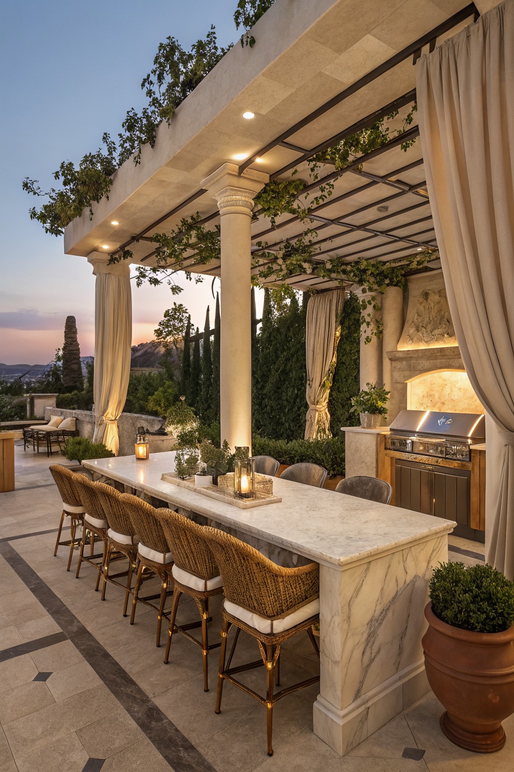 An outdoor bar under a stone pergola with white curtains on the columns and vines growing overhead, next to an outdoor kitchen.