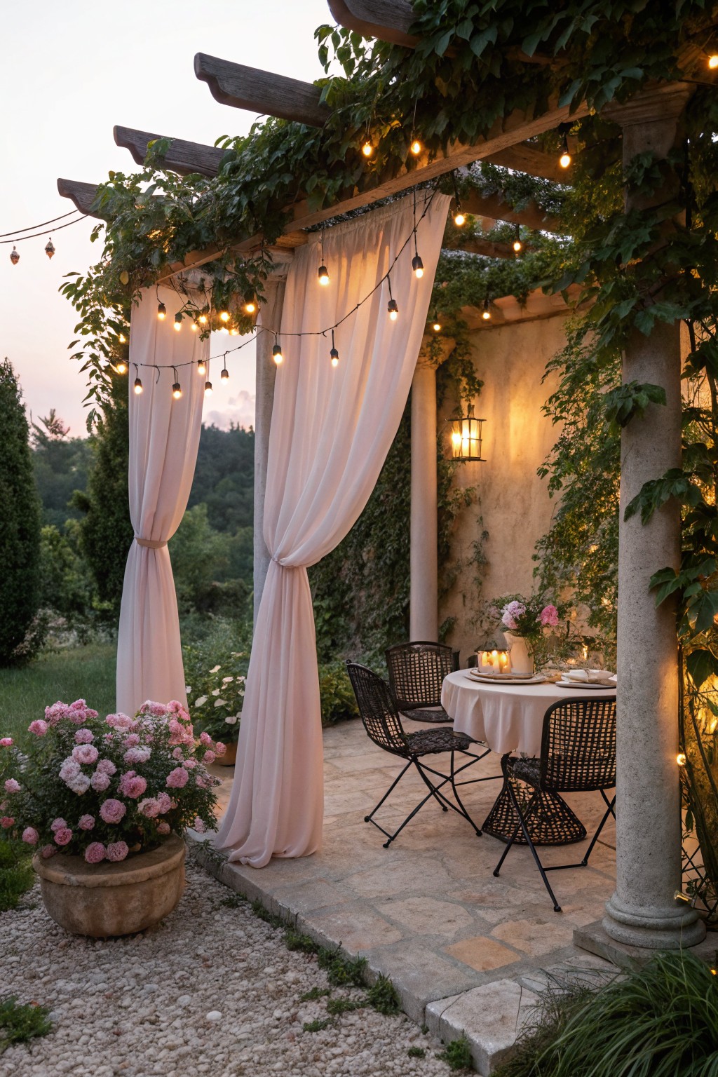 Romantic patio dinner table under vine-covered pergola with string lights and white curtains.