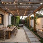 A wooden pergola with string lights covers an outdoor dining table, with white curtains hanging along one side next to a garden path.