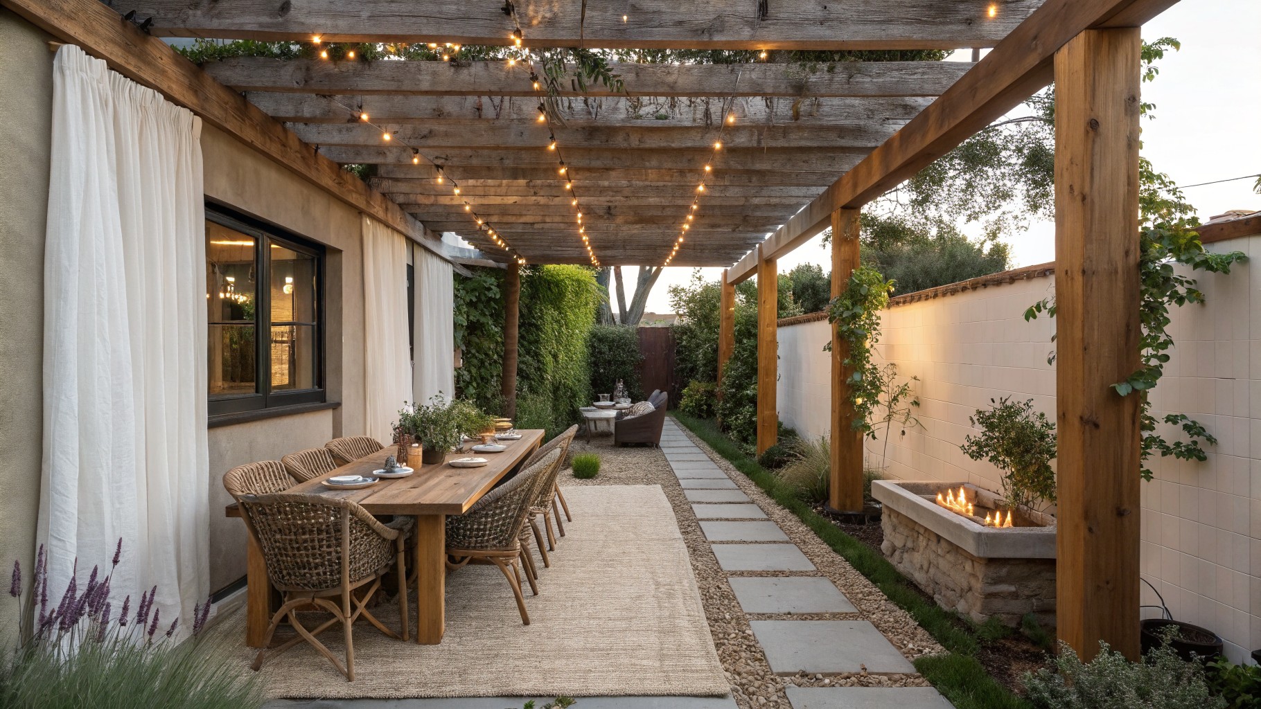 A wooden pergola with string lights covers an outdoor dining table, with white curtains hanging along one side next to a garden path.