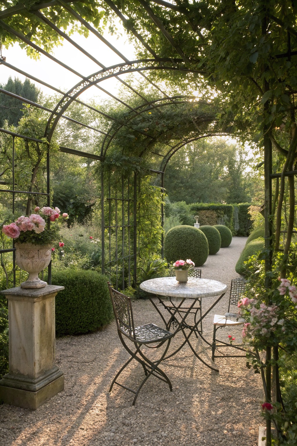 A gravel patio beneath a metal pergola draped in green vines, featuring a round table with metal chairs and potted roses on a stone pedestal.