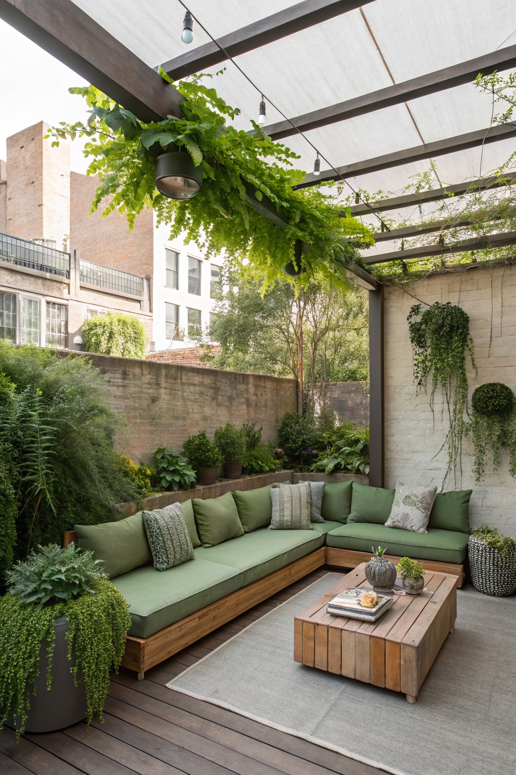 Outdoor patio with green sectional sofa, wooden table, rug, and lush hanging plants