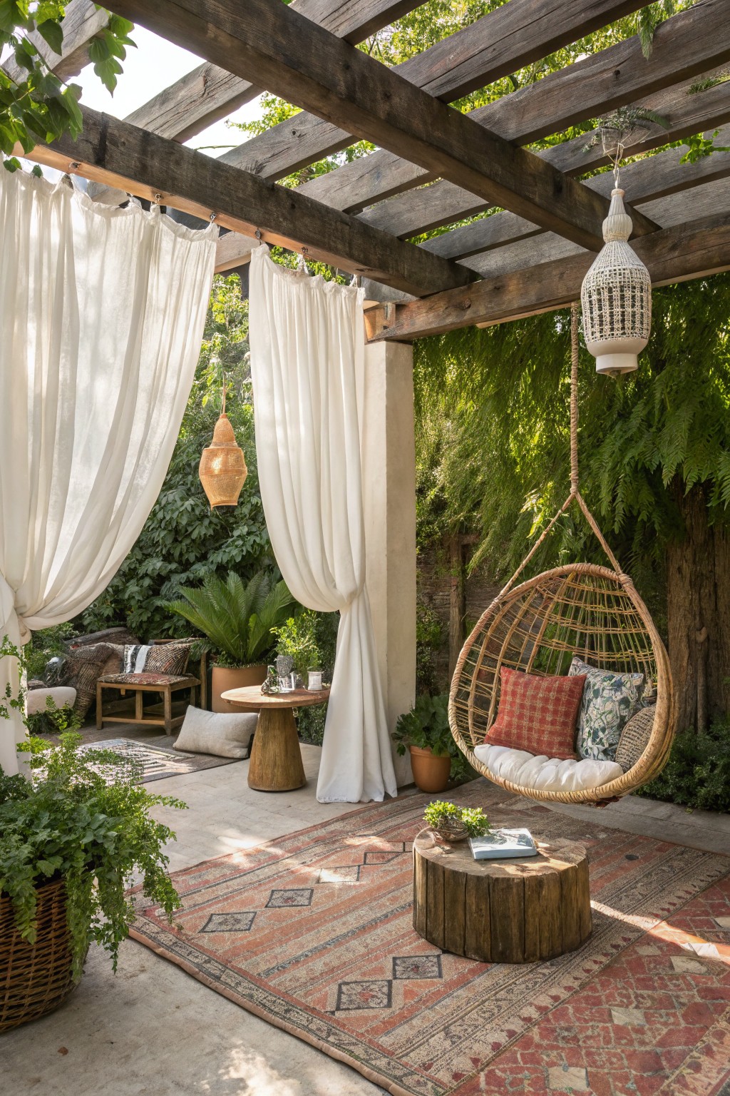Wooden pergola with white curtains on rods, hanging wicker chair with cushions, wooden stump table on patterned rugs, and potted plants in a shaded outdoor space.