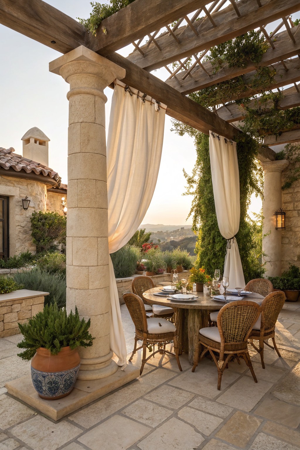 Elegant stone patio with round table, wicker chairs, pergola and white curtains at sunset