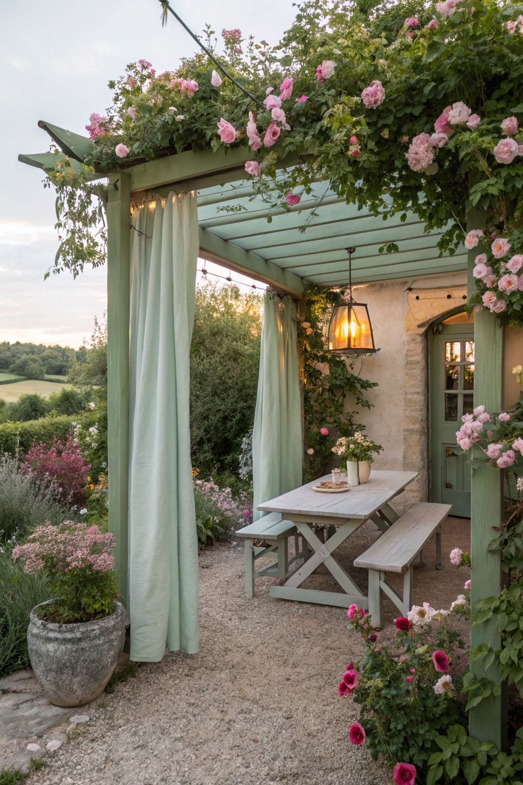 A wooden pergola with light green curtains, a picnic table, hanging lantern, and climbing pink roses in a garden setting.